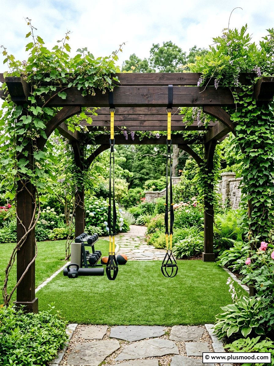 Under Pergola Fitness Area - 25 small backyard ideas with outdoor gym