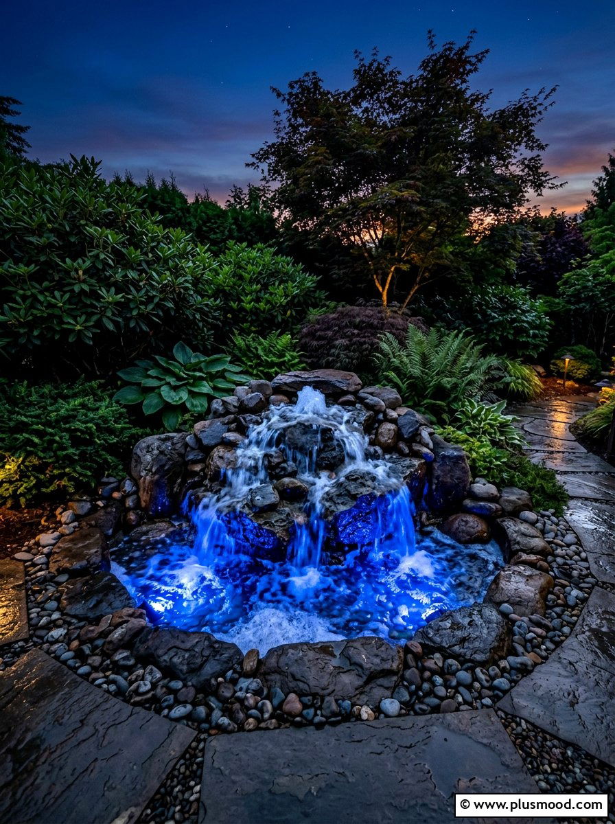 Underlit Night Water Feature - 25 summer water feature backyard ideas