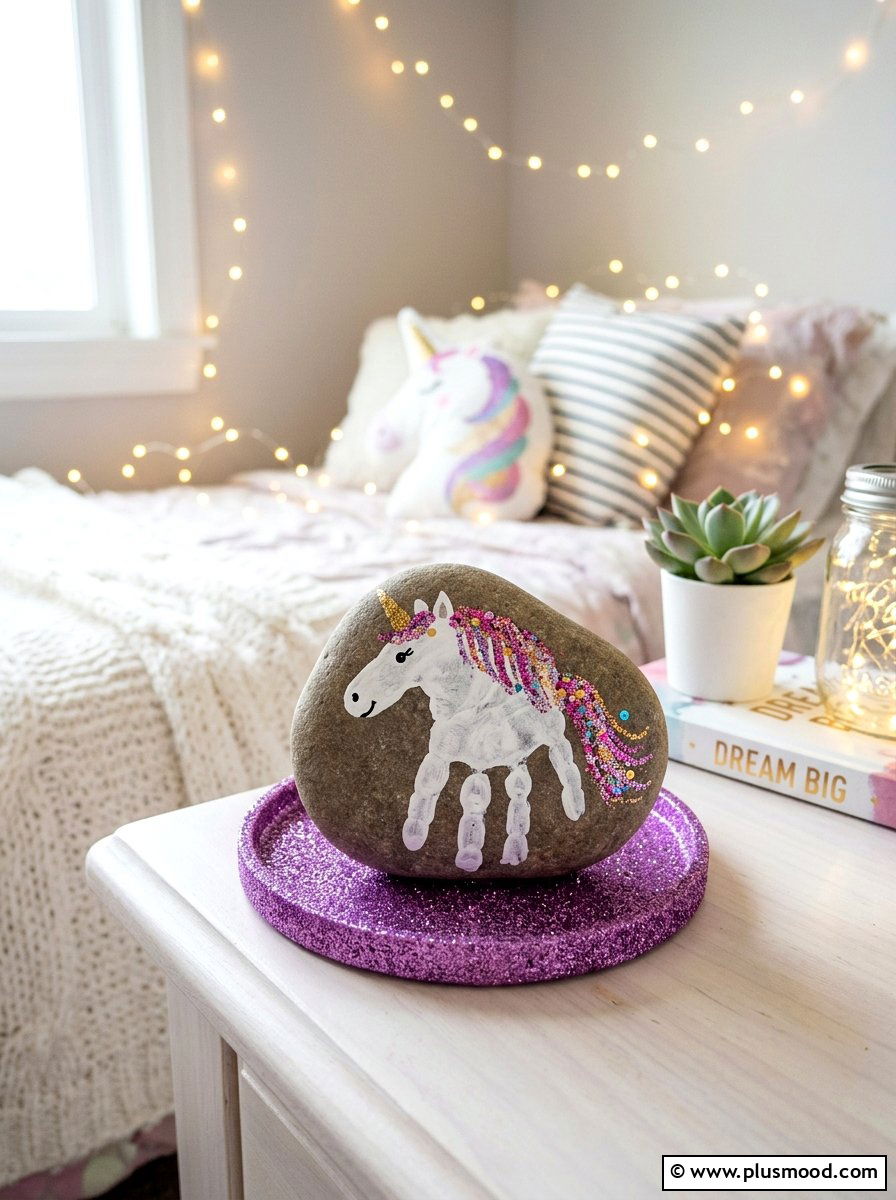 Unicorn Handprint Rock - 25 painted rock ideas with handprint art