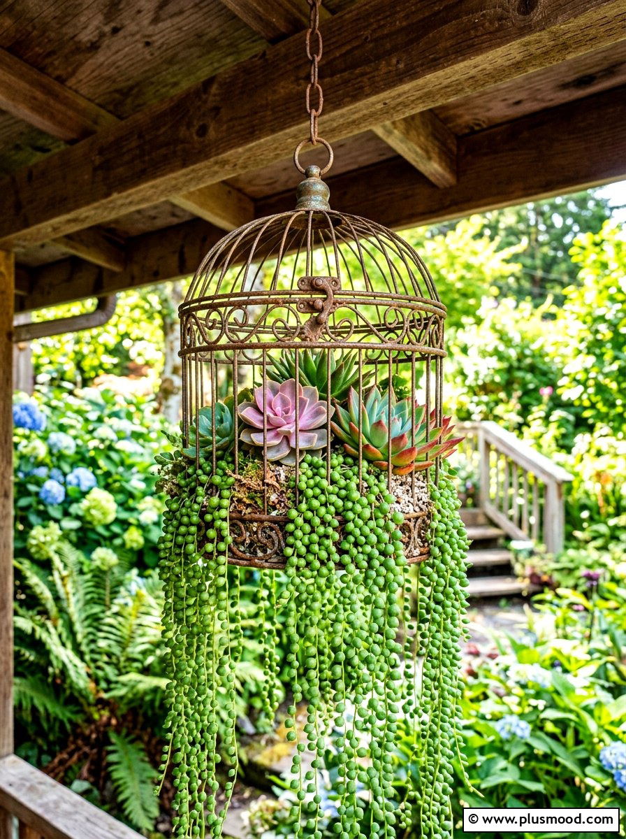 Upcycled Birdcage Planter - 25 summer succulent planter ideas