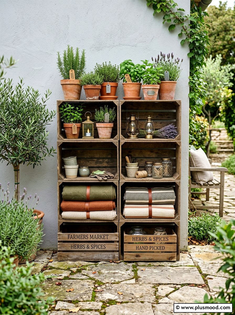 Upcycled crate shelving - 25 summer outdoor entertaining ideas on a budget