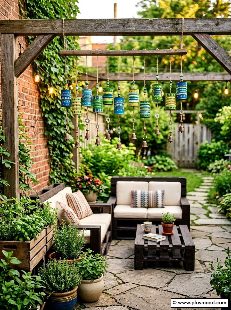 Upcycled tin can backyard - 25 outdoor garden decor ideas with wind chimes