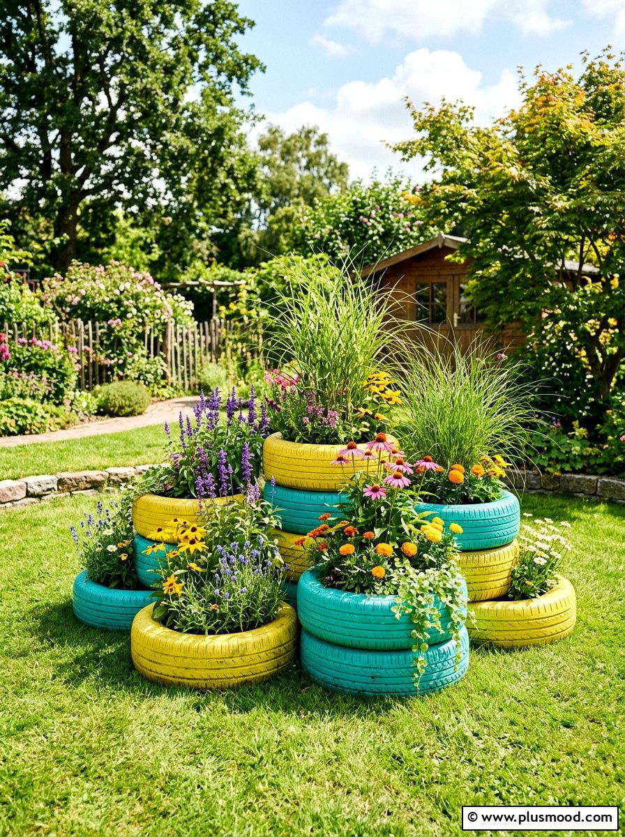 Upcycled tire planters - 25 small backyard ideas on a budget