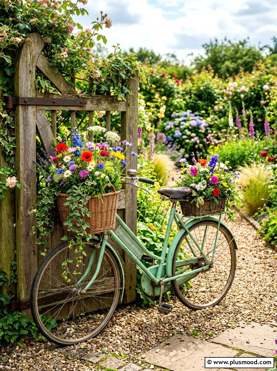 Upcycled vintage bicycle flower display - 25 summer backyard planter ideas