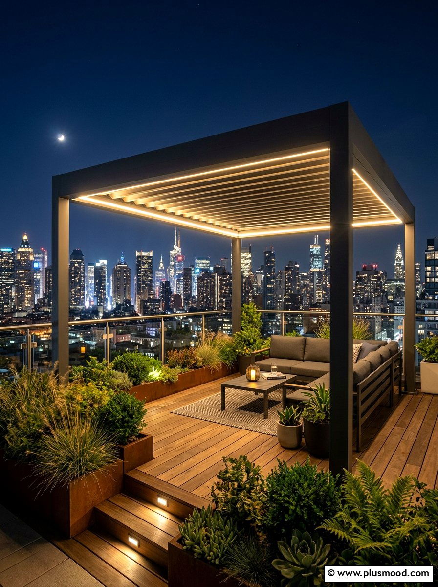 Urban Rooftop Garden LED Strips - 25 small backyard ideas with pergola lights