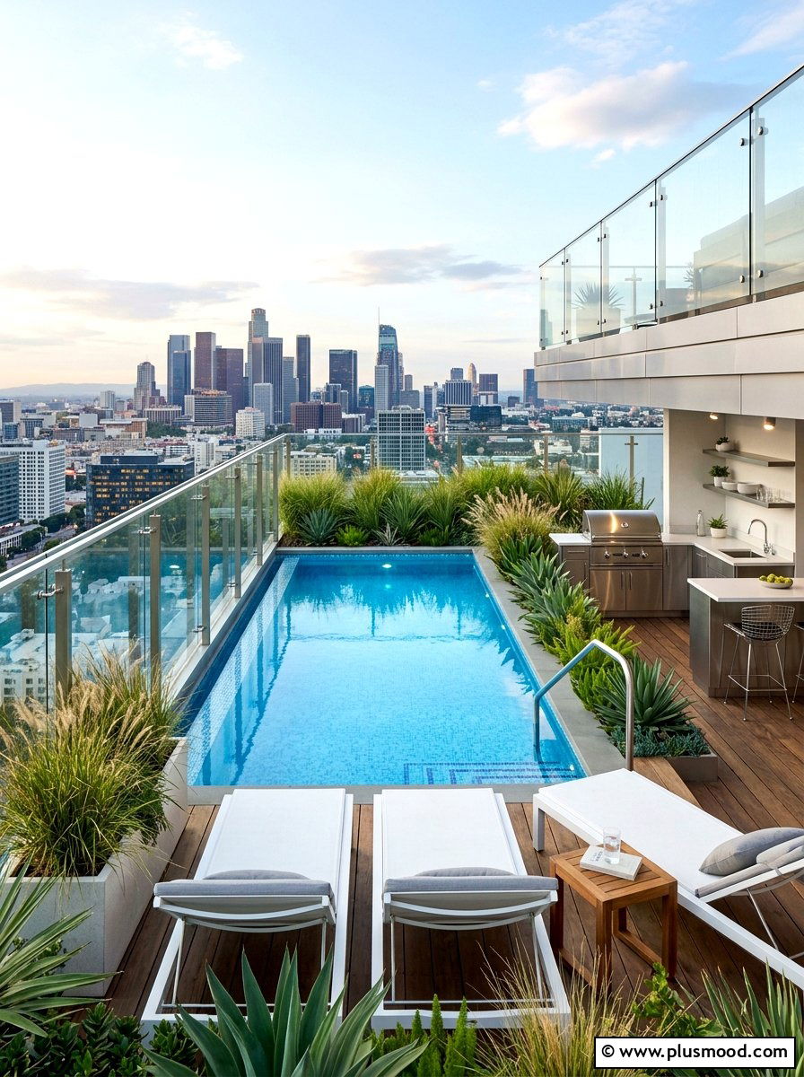 Urban Rooftop Pool - 25 pool landscaping ideas with outdoor kitchen