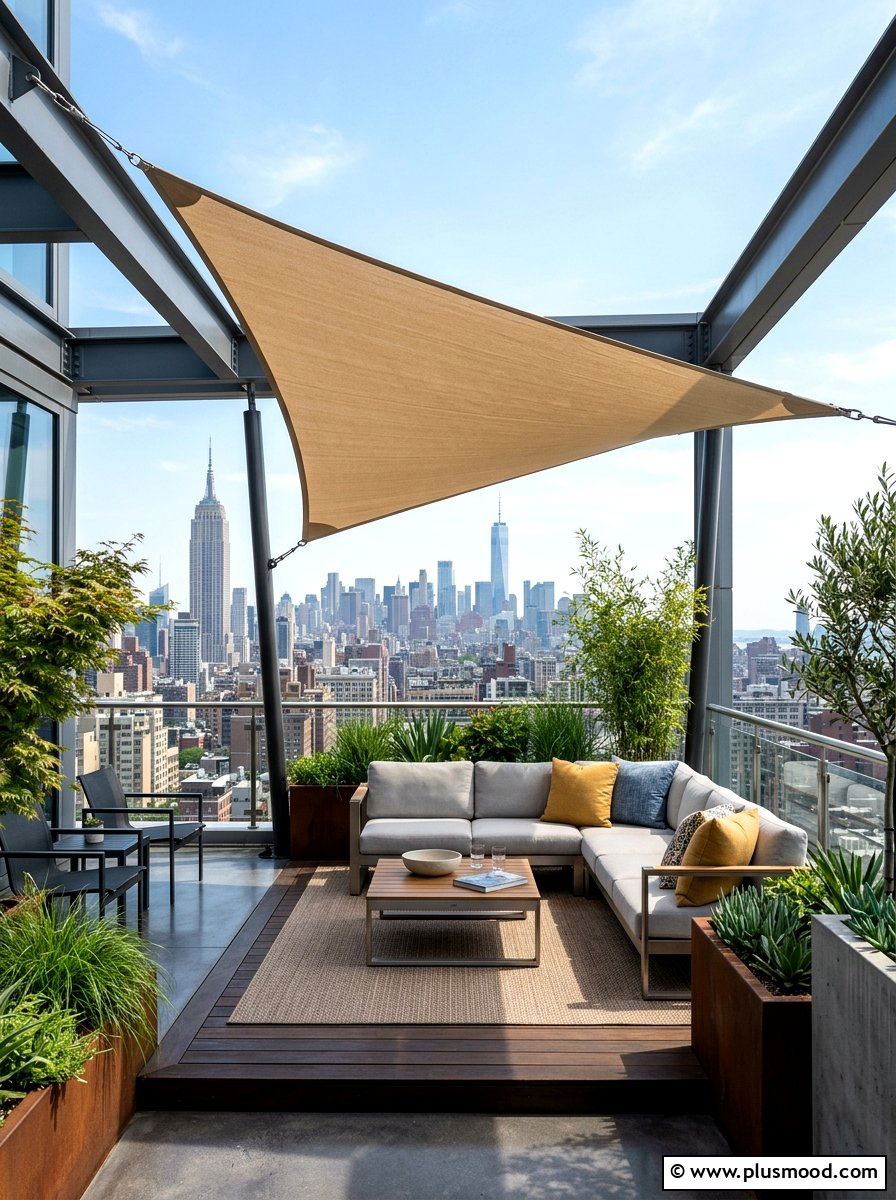 Urban Rooftop Terrace With Corner Shade - 25 small backyard ideas with shade sail