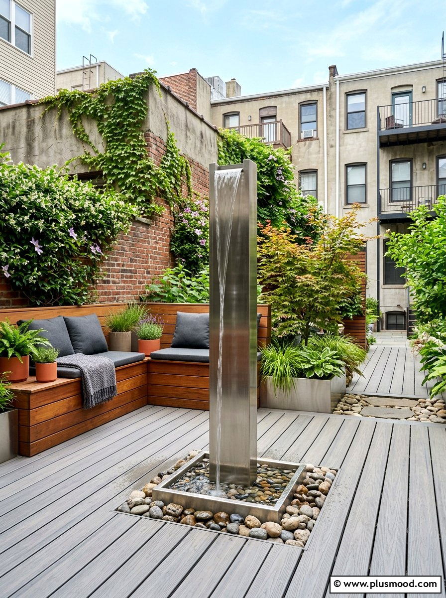 Urban Small Yard With Sleek Fountain - 25 small backyard ideas with fountain