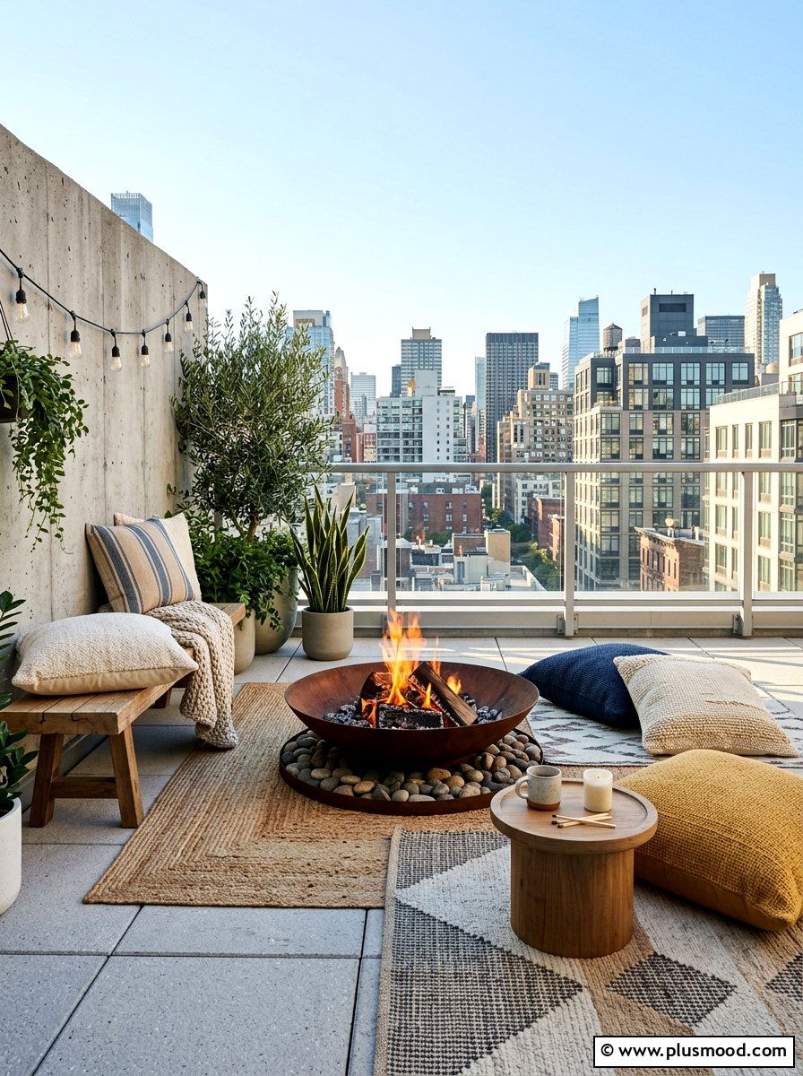 Urban Terrace Fire Bowl Arrangement - 25 small backyard ideas with fire bowl