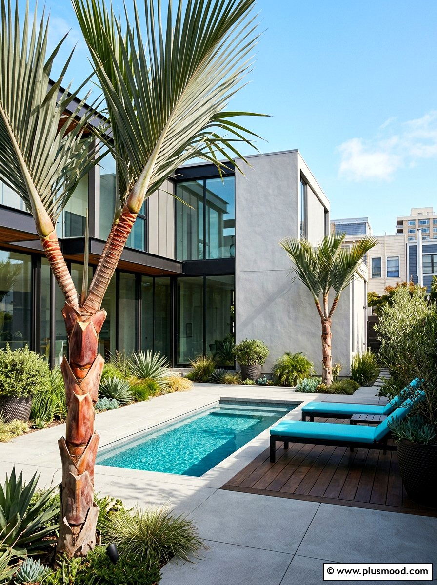 Urban pool garden with triangle palms - 25 summer pool landscaping ideas with palms