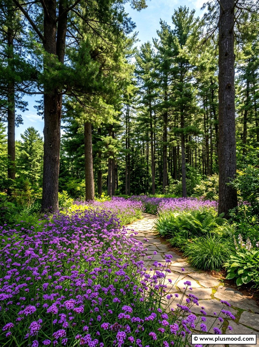 Verbena and pine garden - 25 summer evergreen and flower mix ideas