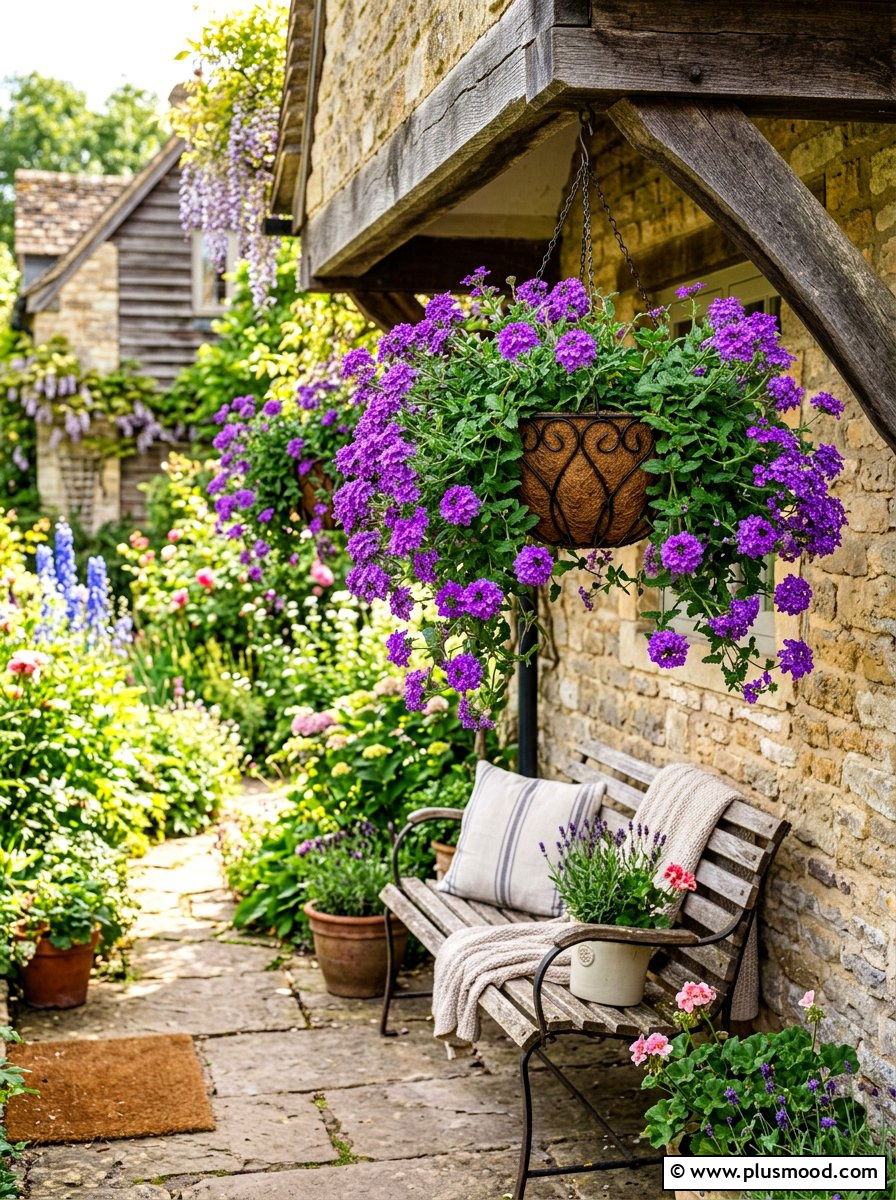Verbena trailing porch plants - 25 summer front porch decor ideas with hanging baskets