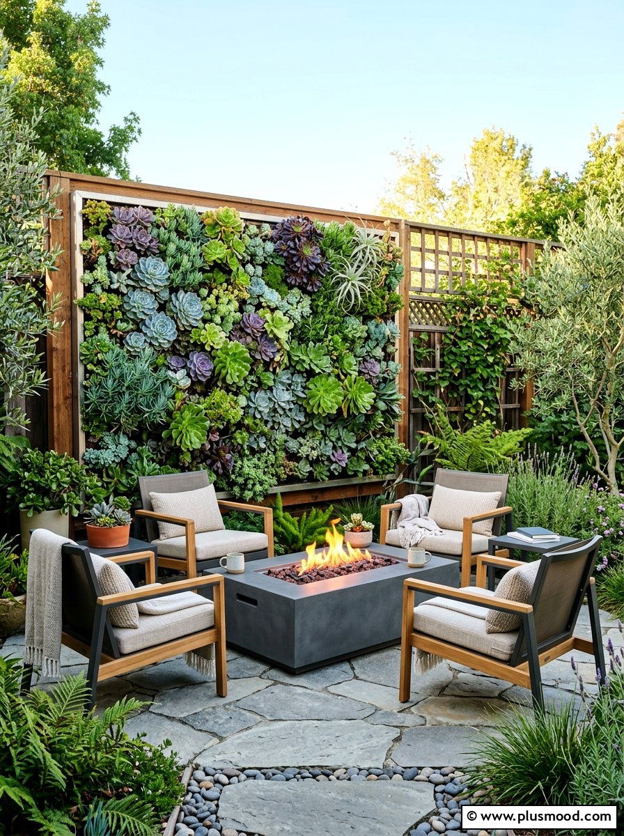 Vertical Garden Fire Table Seating - 25 small backyard ideas with fire table