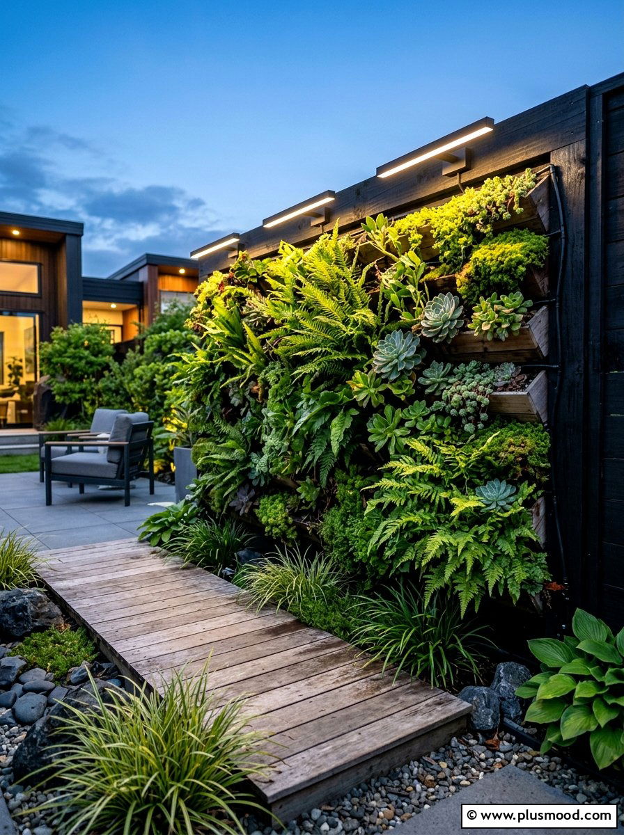 Vertical Garden Lights - 25 small backyard ideas with outdoor lighting