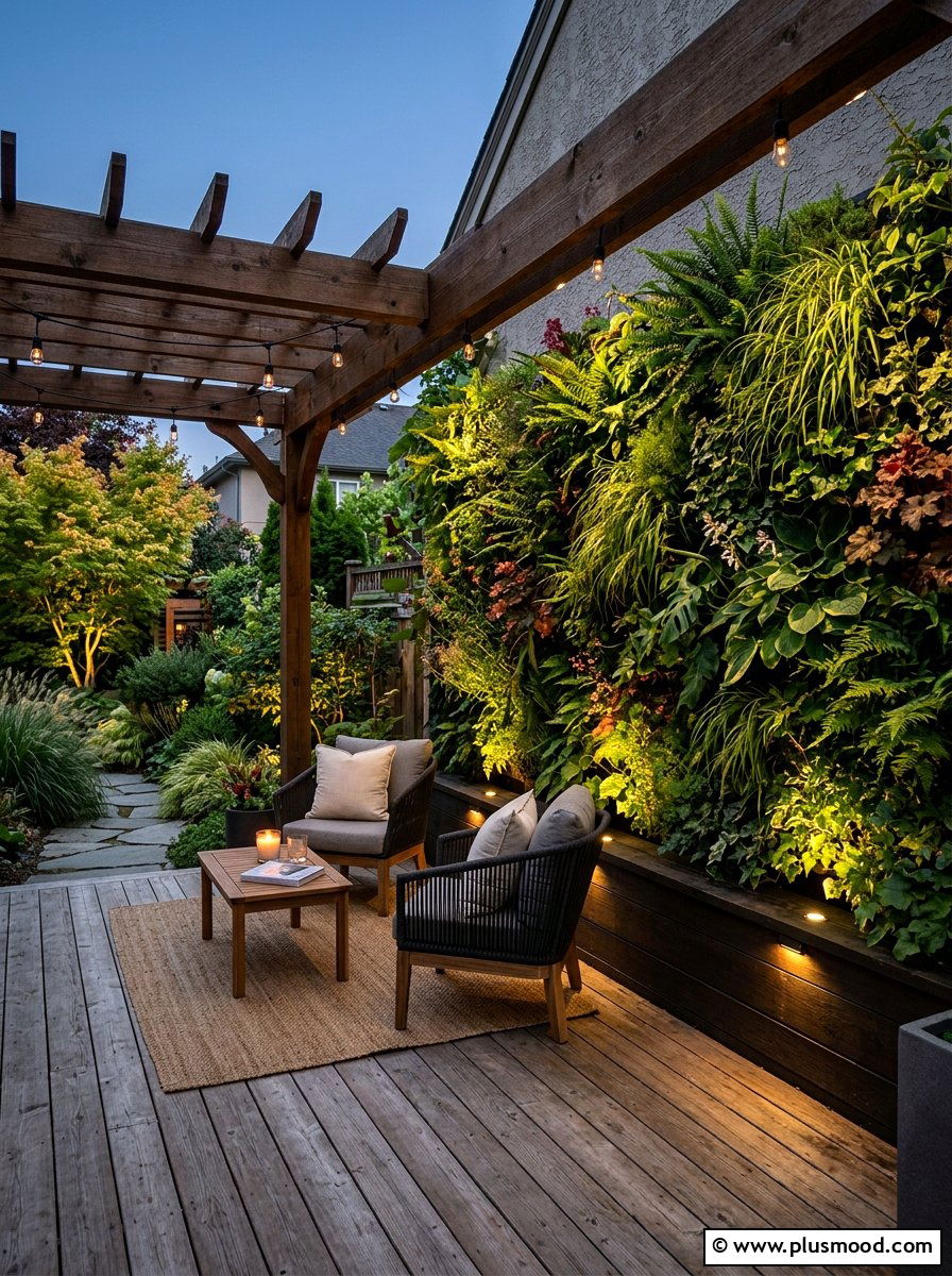 Vertical Garden Patio Spotlights - 25 small backyard ideas with pergola lights
