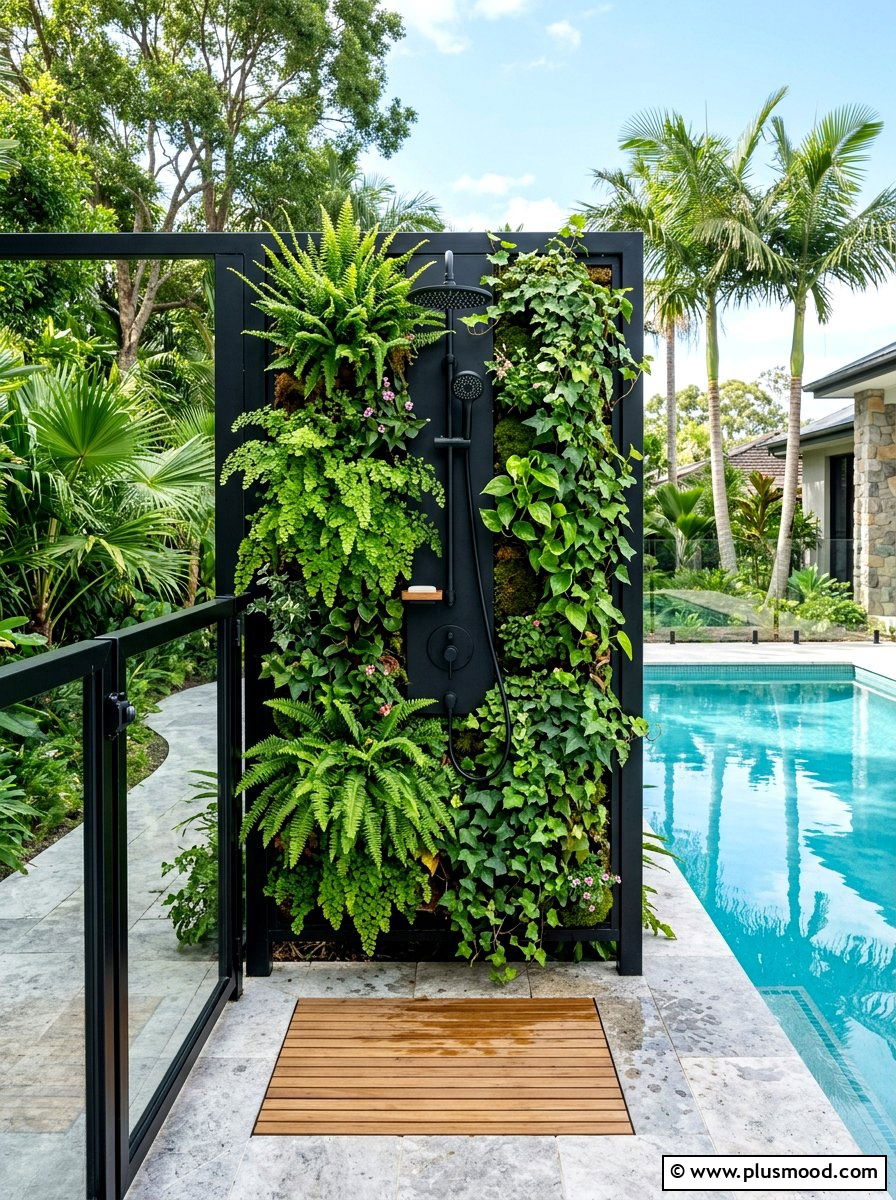 Vertical Garden Pool Fence With Outdoor Shower - 25 pool landscaping ideas with outdoor shower