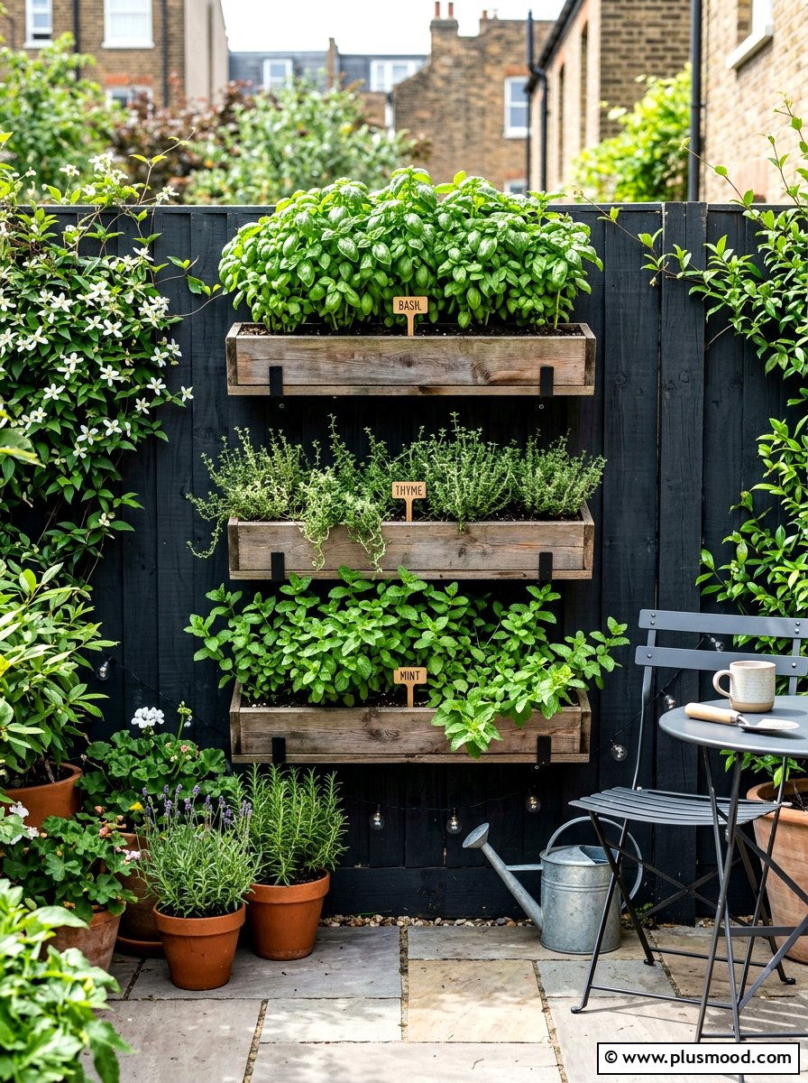 Vertical Herb Garden - 25 small backyard ideas with wooden planter