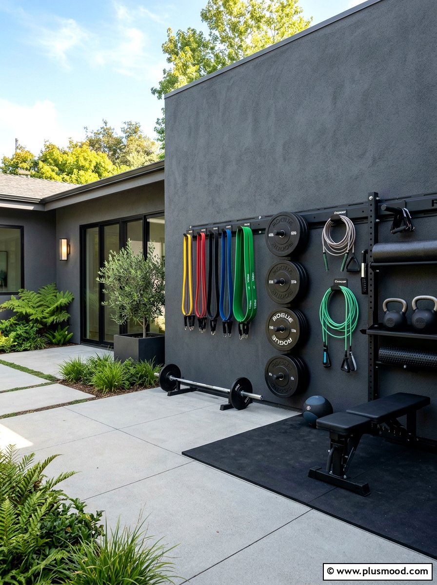 Vertical Wall Storage Gym - 25 small backyard ideas with outdoor gym