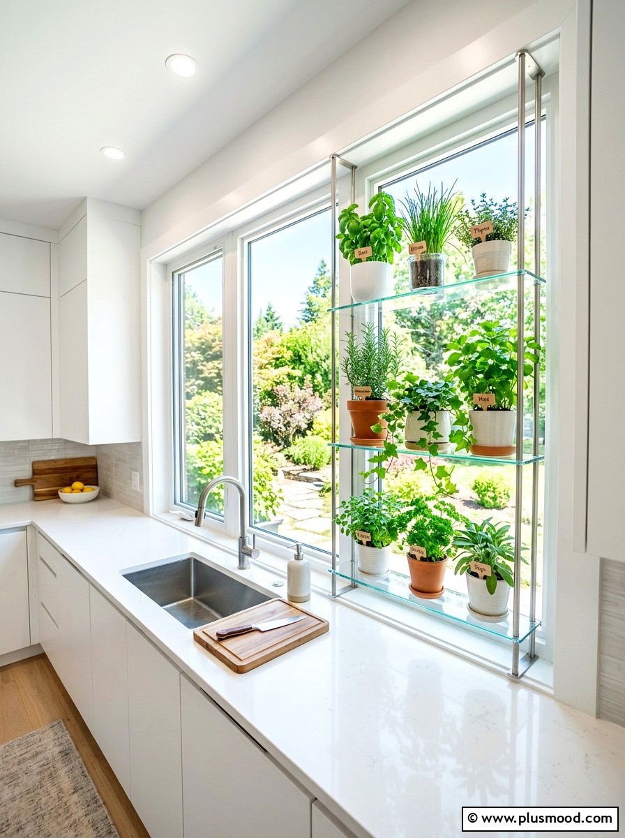 Vertical garden shelf - 25 summer kitchen window decor ideas