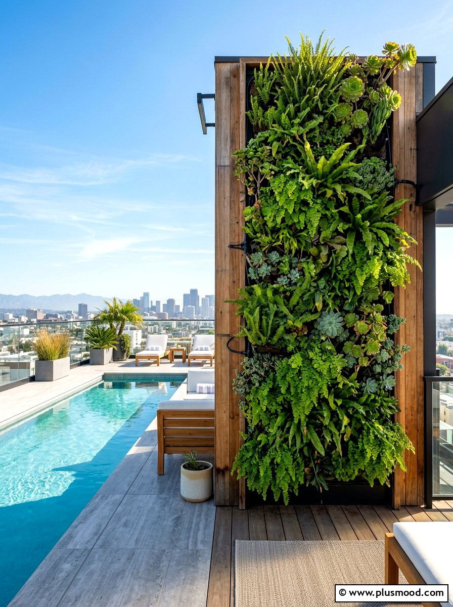Vertical garden wall - 25 pool landscaping ideas for rooftop pools
