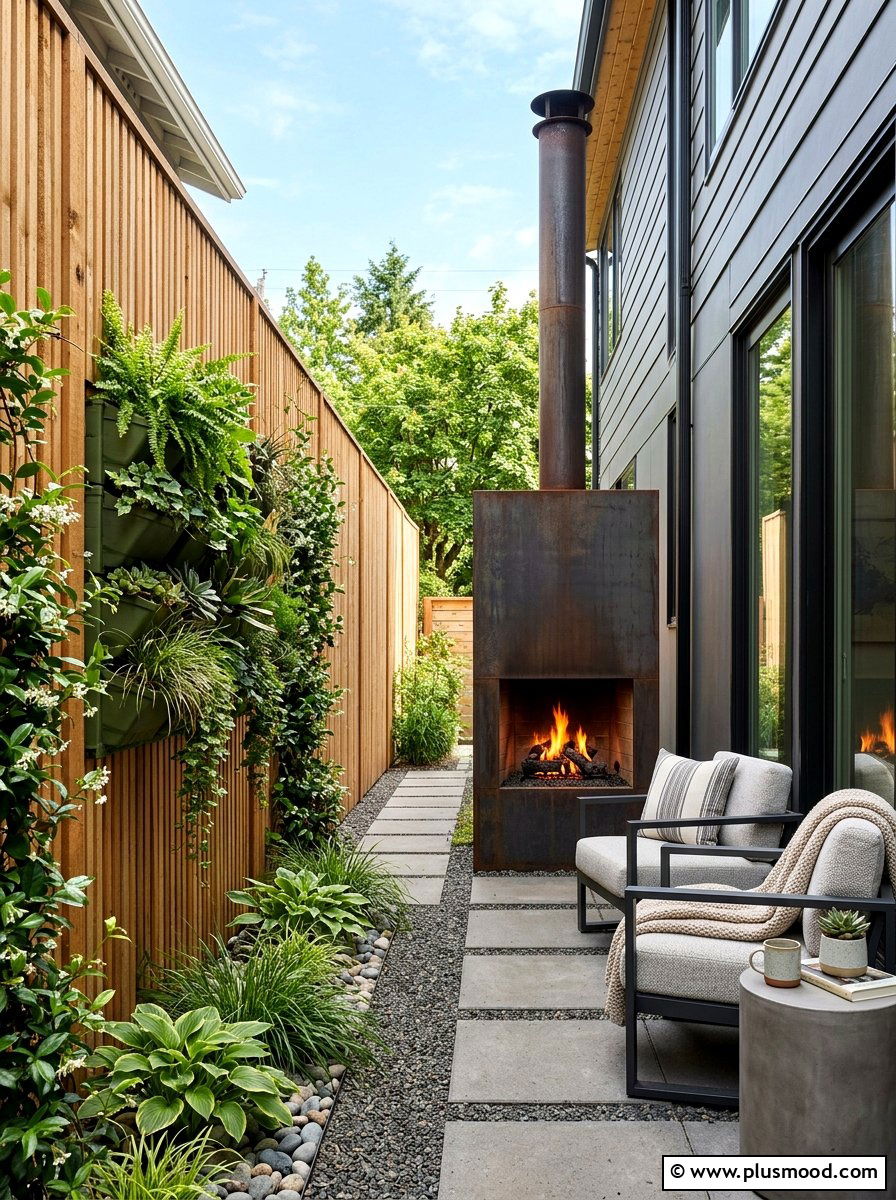 Vertical outdoor fireplace for limited space - 25 small backyard ideas with outdoor fireplace
