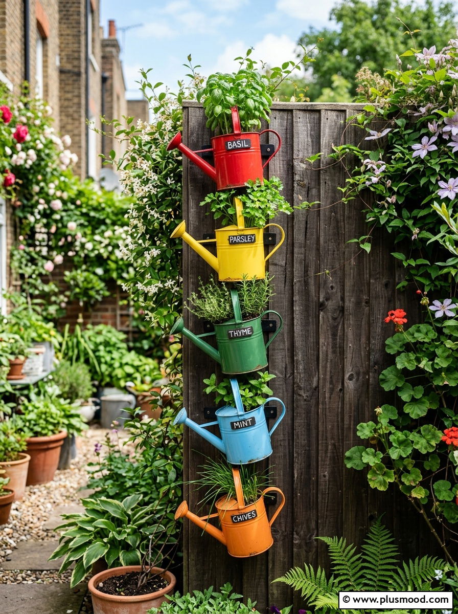 Vertical wall watering can 1 - 25 outdoor garden decor ideas with watering cans