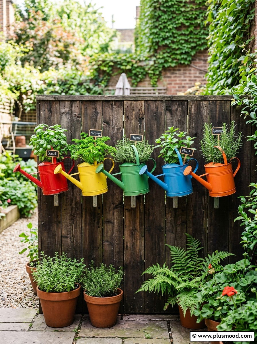 Vertical wall watering can - 25 outdoor garden decor ideas with watering cans
