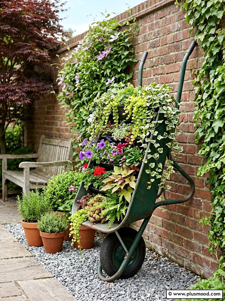 Vertical wheelbarrow plant display - 25 outdoor garden decor ideas with wheelbarrow planter