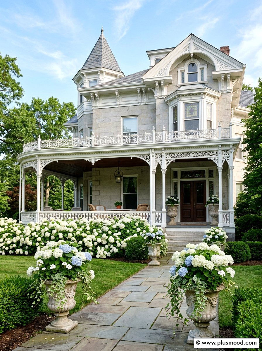 Victorian porch hydrangea garden - 25 summer front porch decor ideas with hydrangeas