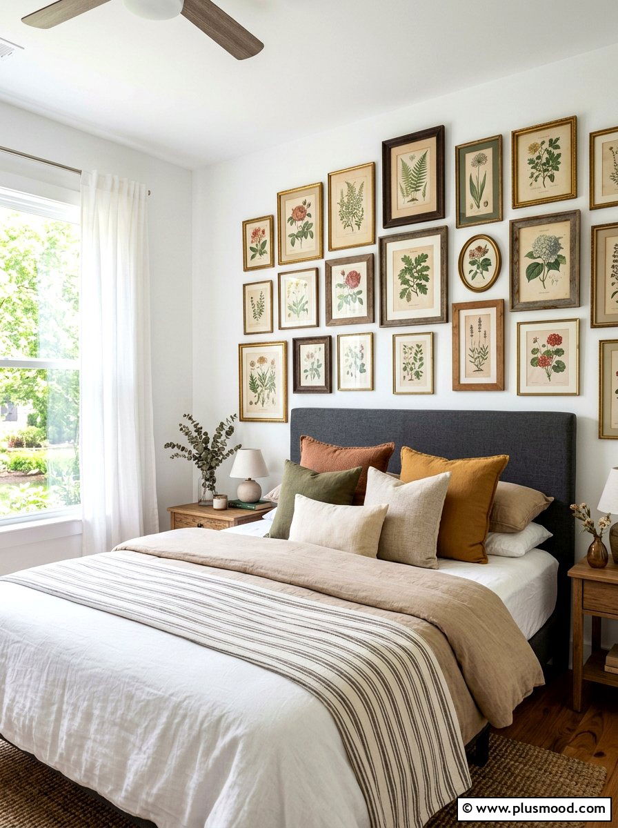 Vintage Botanical Art Gallery Wall - 25 summer botanical bedroom ideas