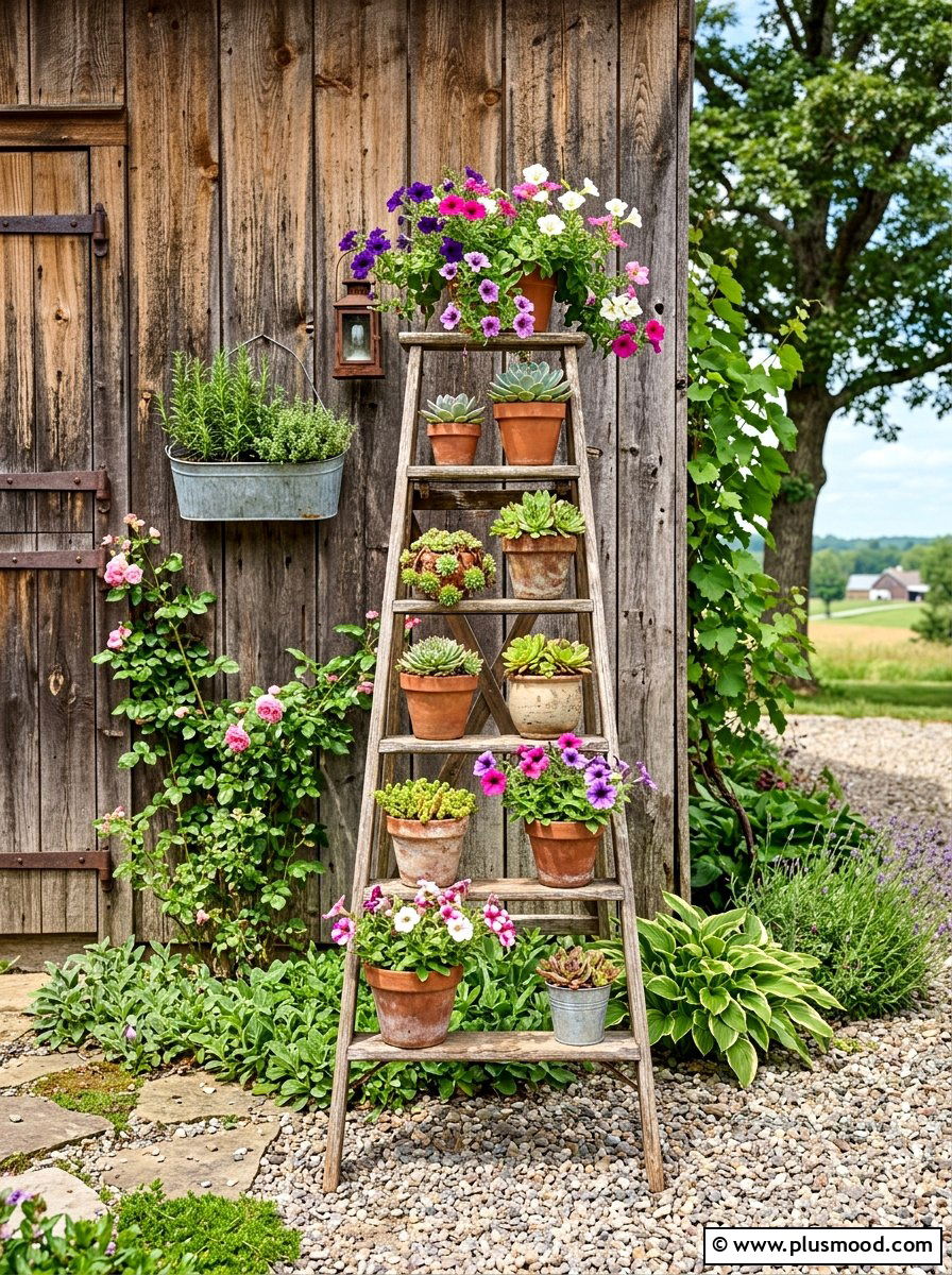 Vintage Ladder Plant Stand - 25 small backyard ideas farmhouse style