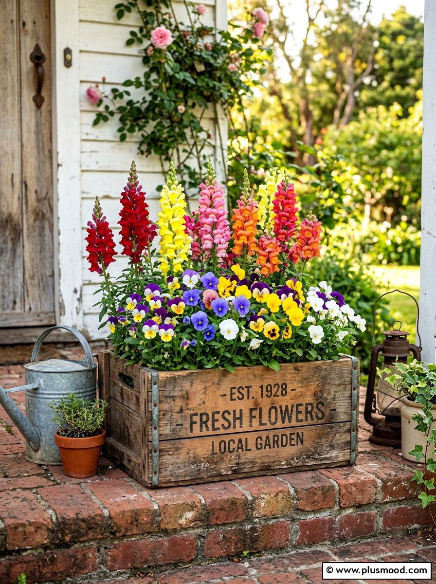 Vintage Wooden Crate Flower Display - 25 summer flower pot arrangement ideas for front porch