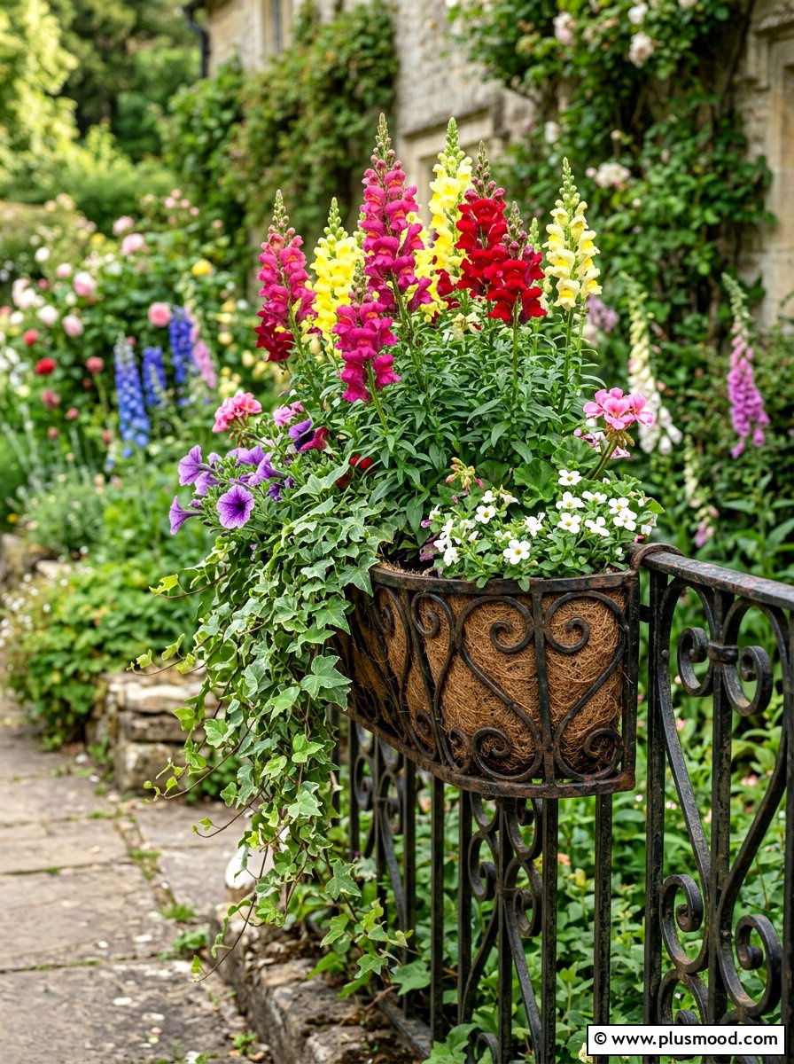 Vintage Wrought Iron Rail Basket - 25 summer porch rail planter ideas