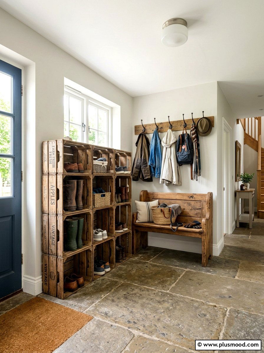 Vintage crate entryway storage - 25 late summer farmhouse decor ideas