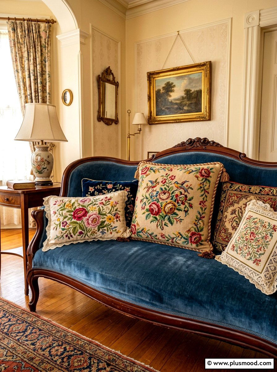 Vintage embroidered floral cushions - 25 summer throw pillow ideas for living room