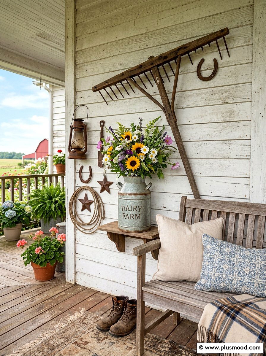 Vintage farm tool porch decor - 25 summer farmhouse porch ideas