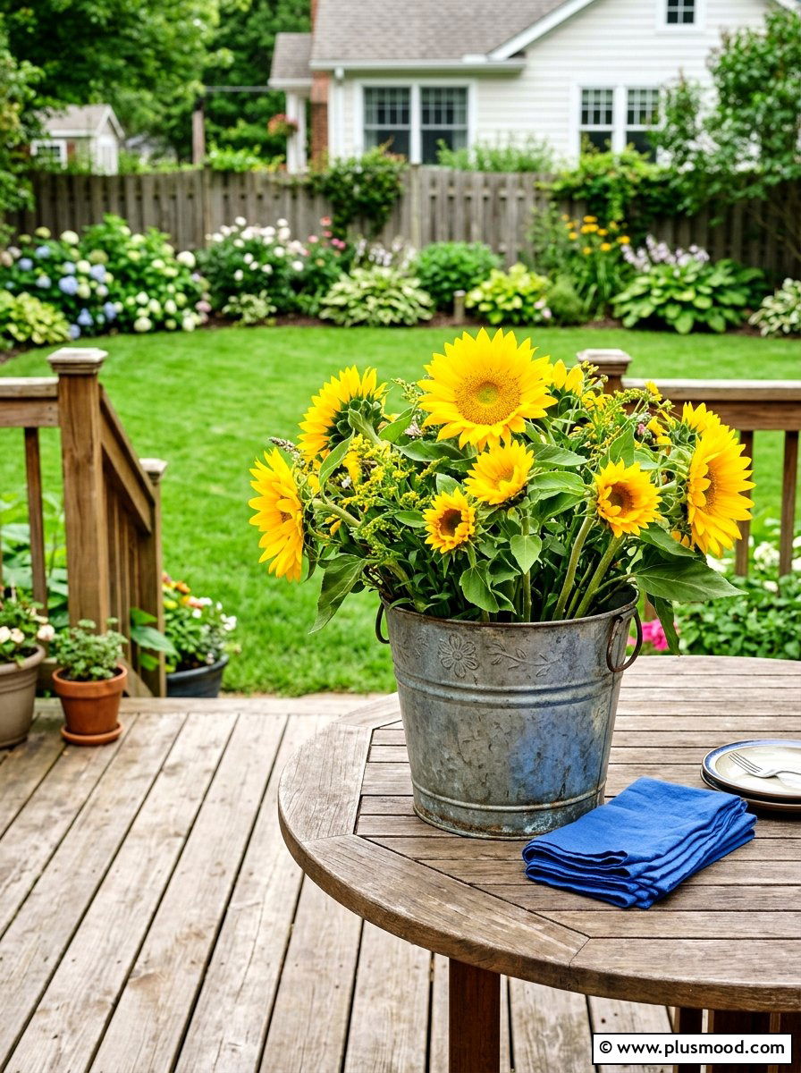 Vintage galvanized bucket floral - 25 summer patio centerpiece ideas
