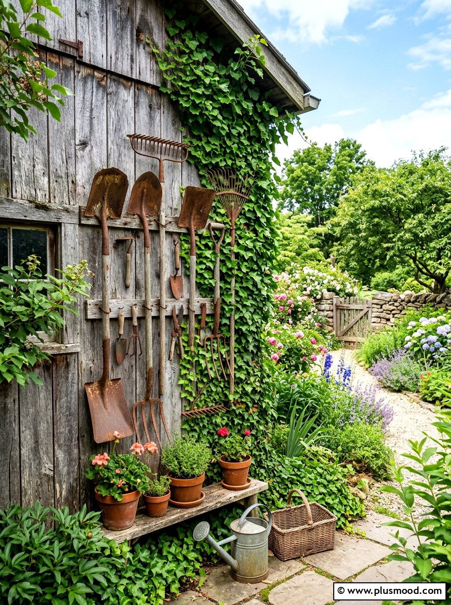 Vintage garden tool wall decor - 25 summer rustic backyard ideas