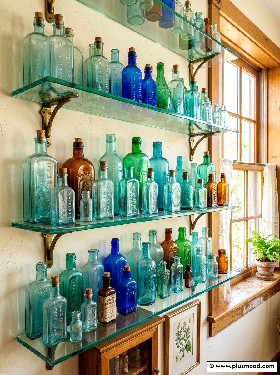Vintage glass bottles - 25 summer shelf decor ideas
