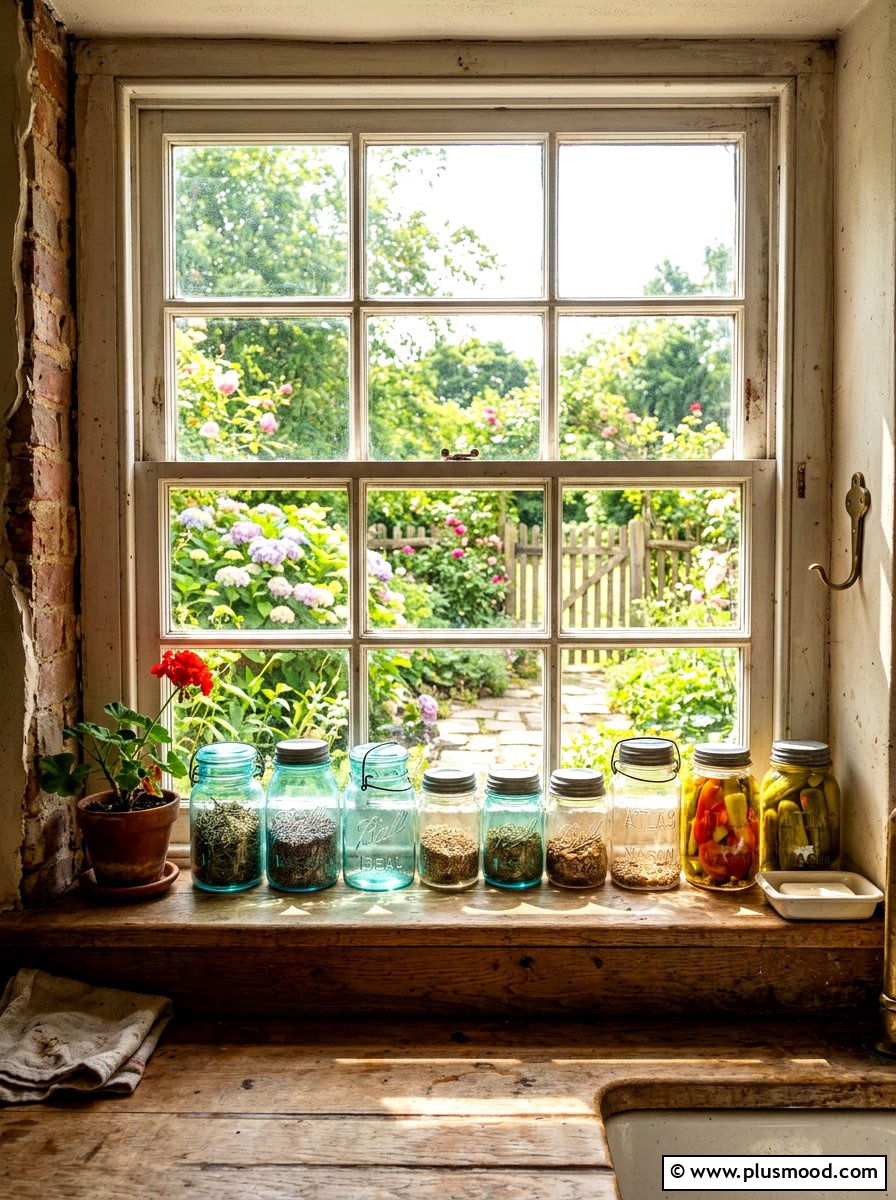 Vintage glass jars - 25 summer kitchen window decor ideas
