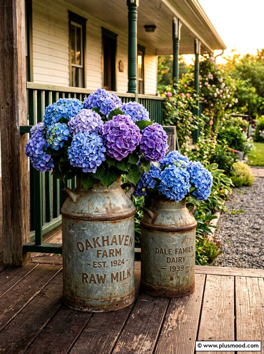 Vintage hydrangea porch milk cans - 25 summer front porch decor ideas with hydrangeas