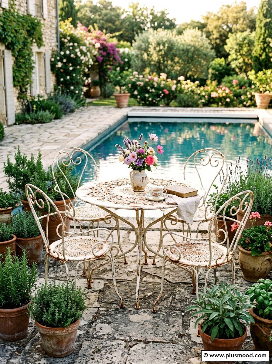 Vintage iron patio furniture - 25 pool landscaping ideas for cottagecore theme