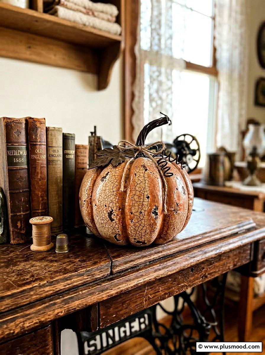 Vintage look pumpkin rock - 25 painted rock ideas with pumpkin art