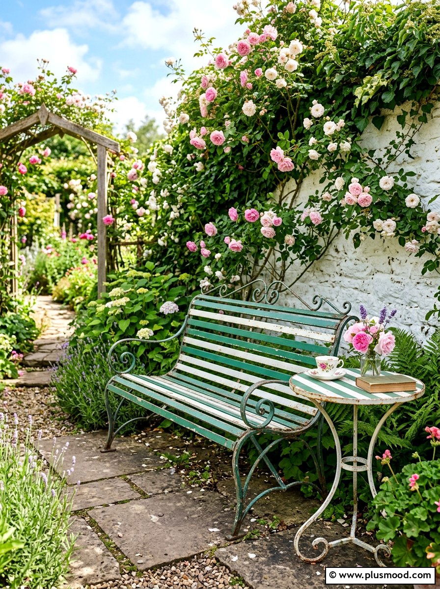 Vintage metal bench - 25 summer garden seating ideas