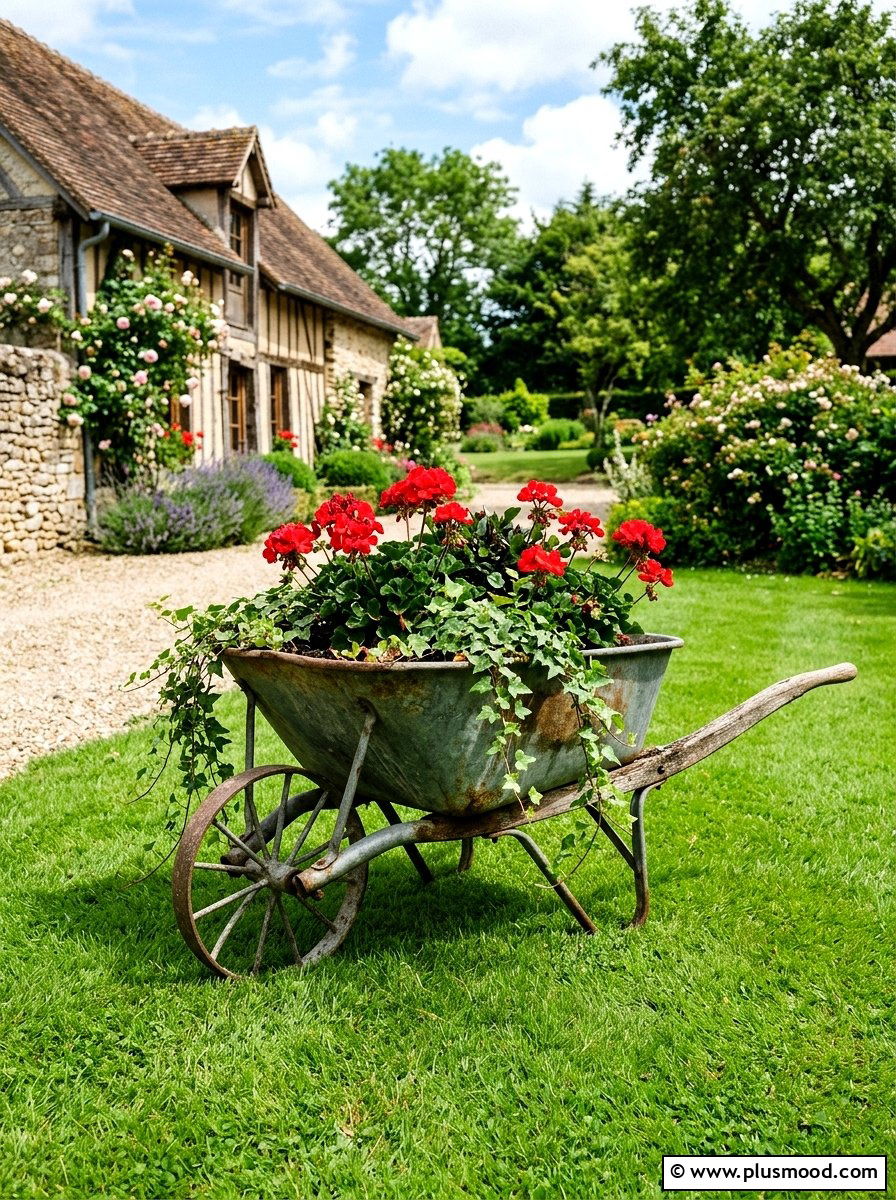 Vintage metal wheelbarrow planter - 25 outdoor garden decor ideas with wheelbarrow planter