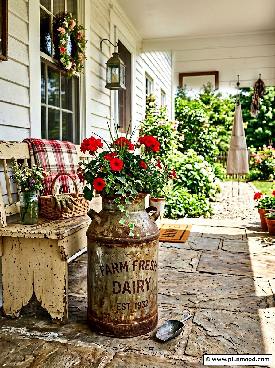 Vintage milk can planter - 25 simple summer front porch ideas
