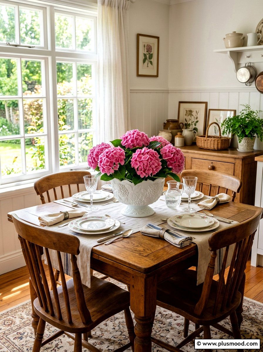 Vintage milk glass hydrangea centerpiece - 25 summer kitchen decor ideas with hydrangeas