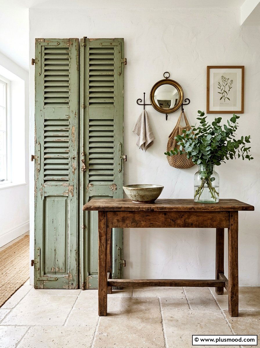 Vintage shutters entryway wall display - 25 summer French country summer decor ideas