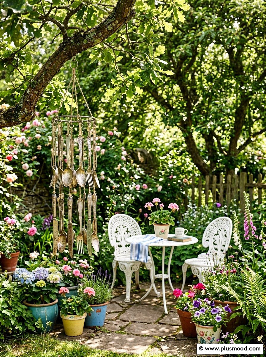 Vintage silverware garden nook - 25 outdoor garden decor ideas with wind chimes