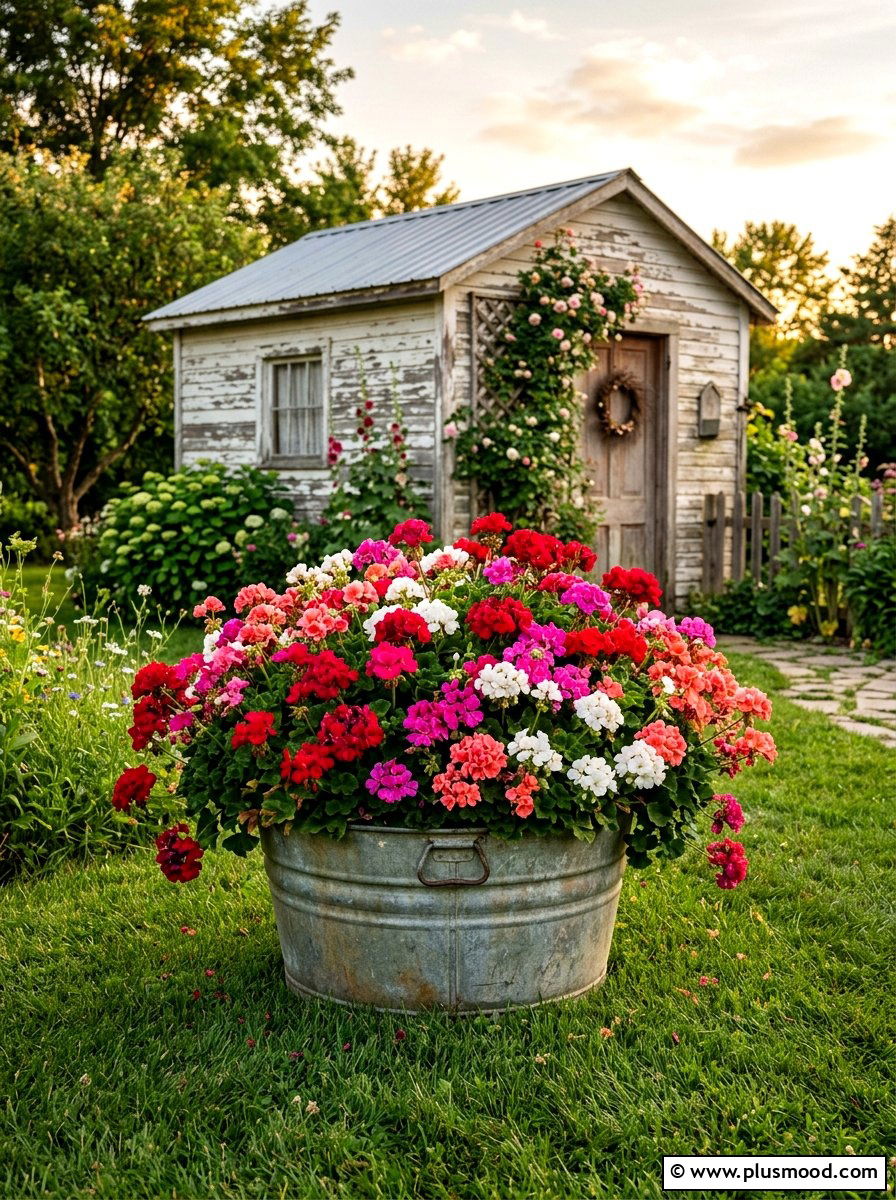 Vintage wash bin geranium planters - 25 summer planters with geraniums ideas